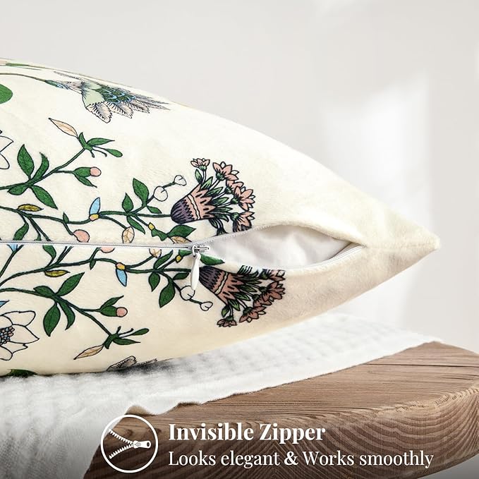 Ivory White Velvet Floral Decorative 12x20 Lumbar Pillow Covers Set of 2 | Durable and Sturdy,Botanical Printed Pattern,Throw Pillows Case,Rectangle,Colorful Farmhouse,Home Sofa Bed Couch Decor