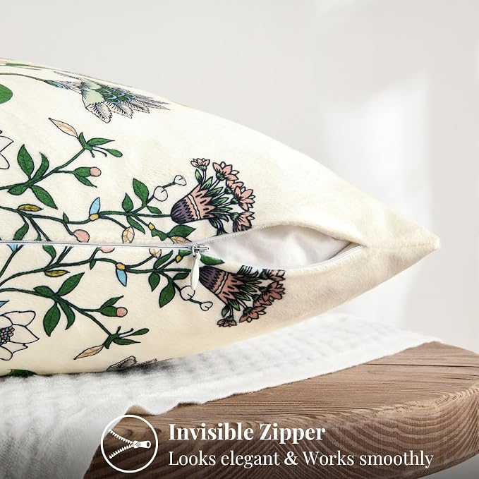 MUSSEL Ivory White Floral Vintage Decorative Pillow Covers 18x18 Set of 2 | Soft Velvet,Wild Flower Plant,Throw Pillows Case,Square,Colorful Farmhouse Cushion Covers,Home Sofa Bed Couch Decor