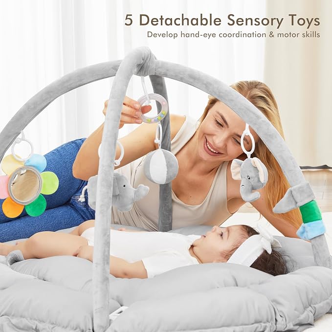 ANGELBLISS Baby Play Gym Mat, Reversible Tummy Time Mat with 6 Sensory Toys for Stage-Based Developmental, Thick & Large Baby Activity Center from Newborn to Toddler (Grey)