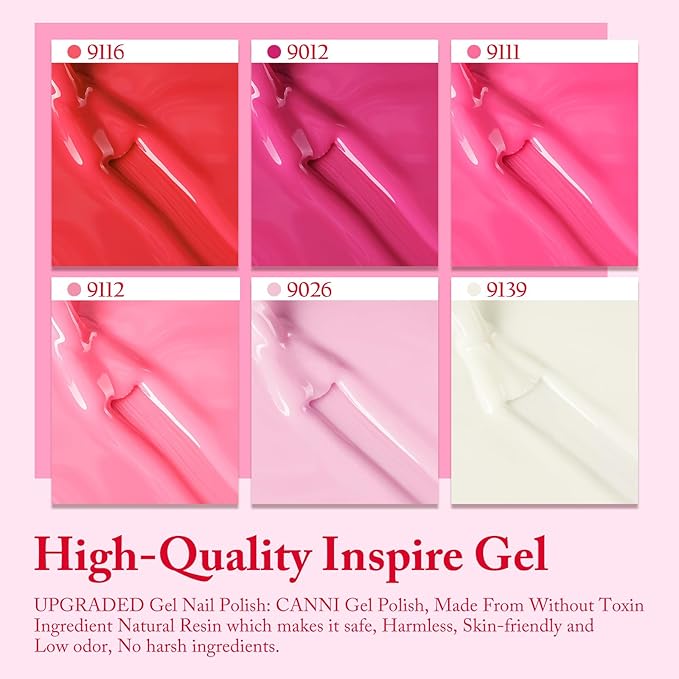 CANNI Pink Gel Nail Polish Set – 6 Colors Hot Light Pink, Magenta – Soak Off UV LED Gel for French Manicure, DIY Nail Art at Home, Long-Lasting Glossy Finish