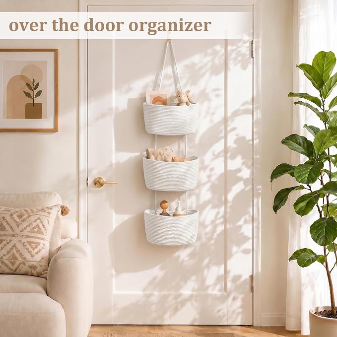 TeoKJ Over the Door Hanging Basket, 3-Tier Woven Cotton Wall-Mounted Storage Organizer Bag Decorative Hanging Nursery Baskets, White