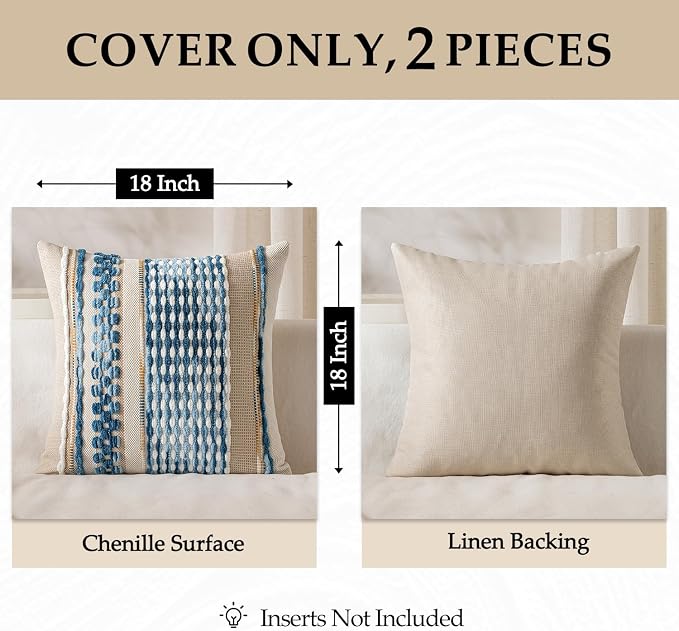 ANRODUO Boho Decorative Throw Pillow Covers Sky Blue Stripe 20x20 Pack of 2 | Throw Pillow Covers, Farmhouse Cushion Case, Chenille Pillow Cases, Coastal throw pillows, Neutral Pillowcase for Couch Bed