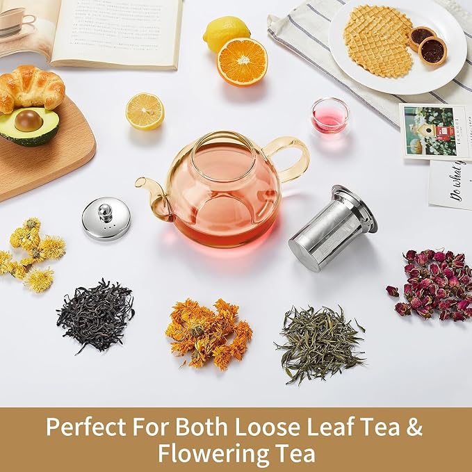DOPUDO 40OZ (1200ML) Glass Teapot with Infuser Stovetop Safe, Clear Glass Tea Pot Kettle, Borosilicate Tea Pot with Infusers Filter for Loose Tea, Tea Kettle Dishwasher Safe (Champagne)