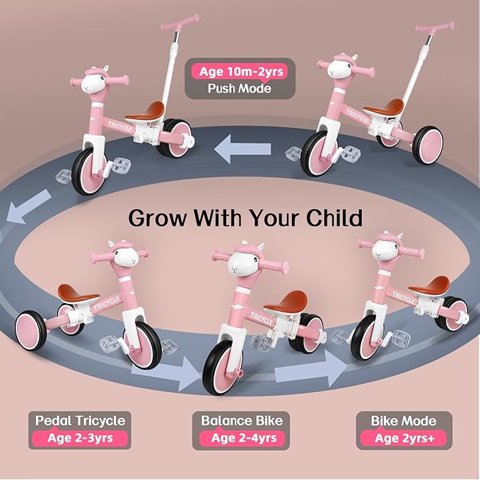 5-in-1 Toddler Tricycle with Lights & Music, Adjustable Push Kids Bike for 1-5 Year Olds, Toddler Balance Bike & Tricycle for Boys & Girls, Birthday Gift for 1 2 3 4 5 Year Old Kids (Pink)