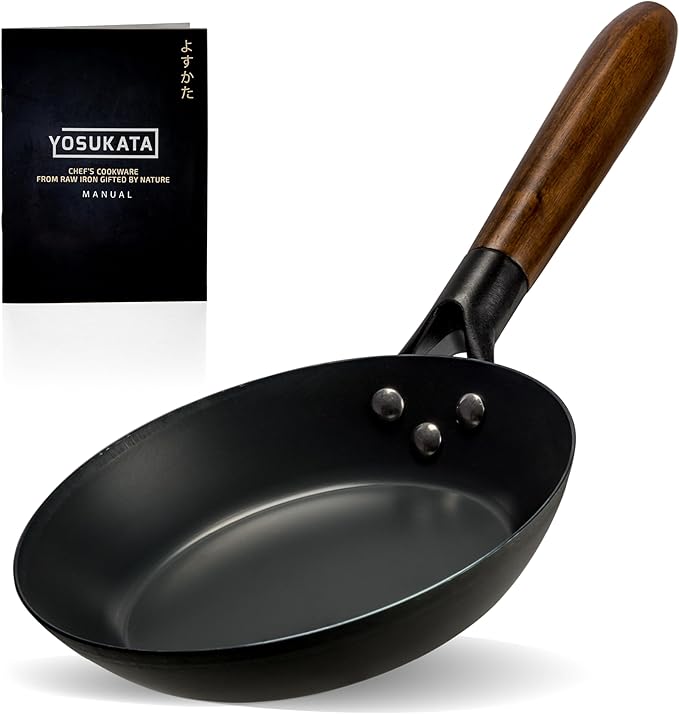 YOSUKATA 7.9" Carbon Steel Frying Pan – Non-Toxic Pre-Seasoned Skillet with Removable Wooden Handle – Coating-Free Wok-Style Pan for Gas, Induction, Electric, Oven & Grill BBQ