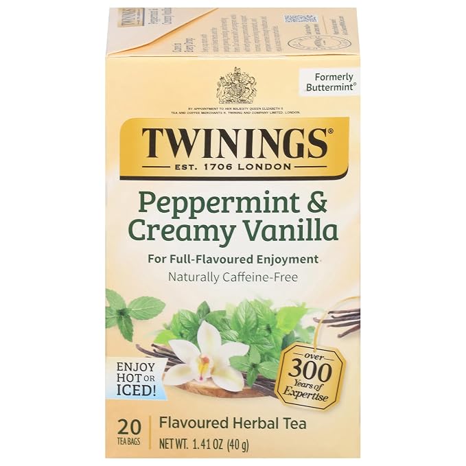 Twinings Peppermint & Creamy Vanilla Herbal Tea Individually Wrapped Bags, 20 Count (Pack of 1), Formerly Buttermint, Naturally Caffeine-Free, Enjoy Hot or Iced, 20 Teabags