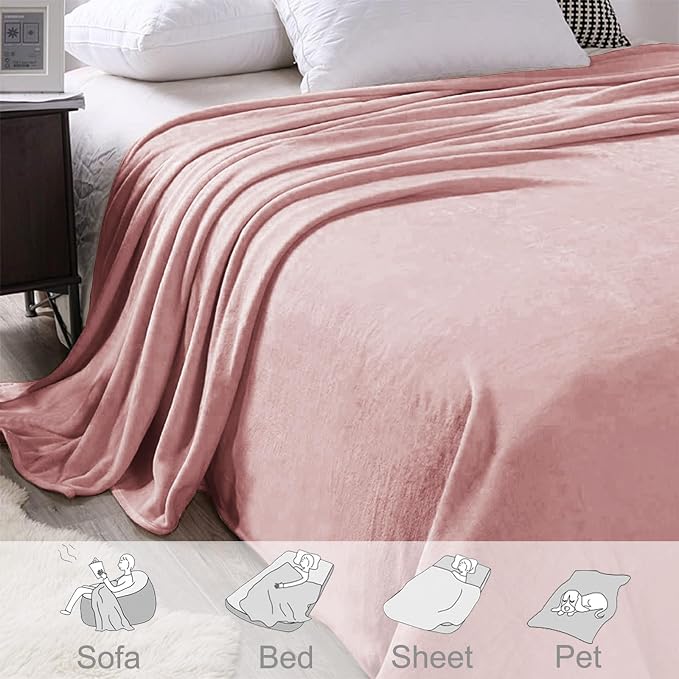 Exclusivo Mezcla Soft Fleece Blanket Queen Size for Bed, Dusty Pink | 90x90 Inches, Double-Sided Brushed Flannel, Lightweight Plush Cozy Blanket for Home Decor, All Season, Machine Washable