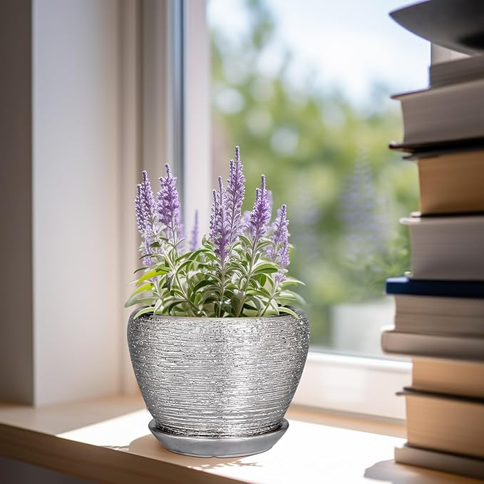 Ceramicfor Ceramic Planter - 6 Inch Plant Pot Indoor with Drainage Hole and Saucer Outdoor Pot for Plants Round Decorative Planter Modern Mid-Century Flower Pot for Office Decor Silver