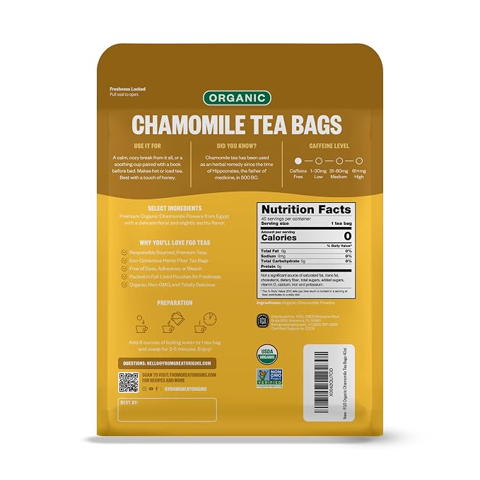 FGO Organic Chamomile Tea, 40 Count, Eco-Conscious Tea Bags, Resealable Bag (Pack of 1)