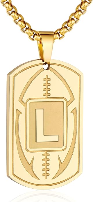 Initial A-Z Dog Tag Necklace for Men - Football Charm Pendant, Stainless Steel Chain 22+2 Inches, Personalized Sports Athletes Jewelry Gift