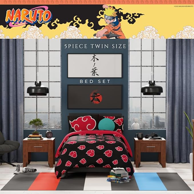 Collectibles Naruto Anime Akatsuki Bedding 5 Piece Super Soft Reversible Comforter and Sheet Set with Sham, Twin, (Officially Licensed Product) By Franco