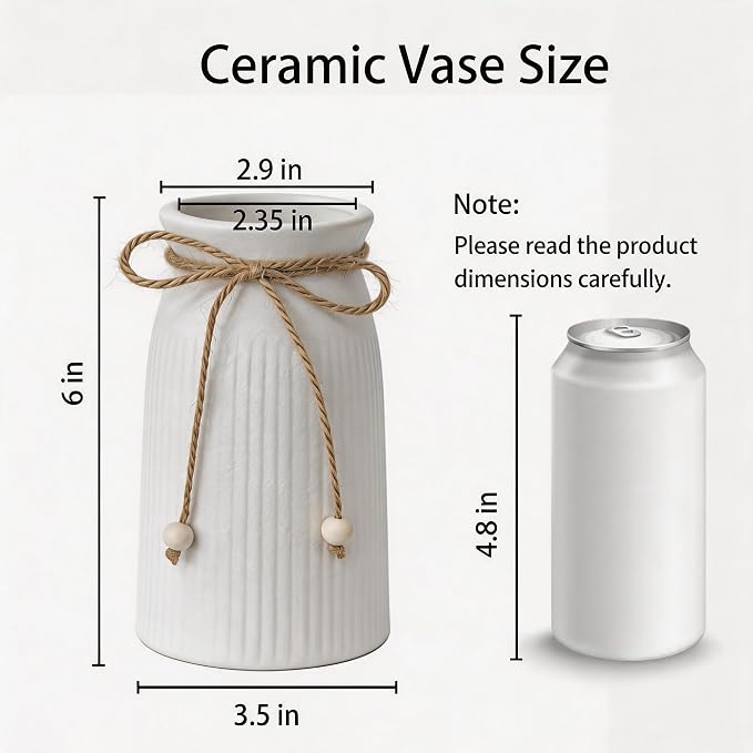 Rustic 6-Inch Ceramic Vase with Jute Rope & Wood Ball Charm for Home Décor, White Flower Vase for Table Centerpieces and Gifts, Ideal for Living Room, Bedroom