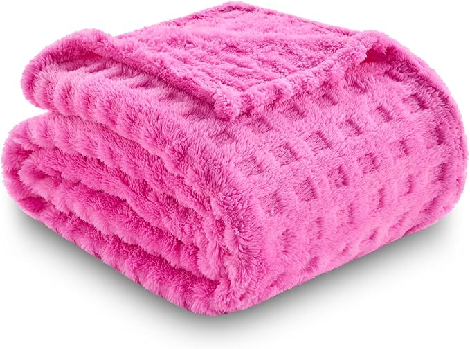 NEWCOSPLAY 3D Waffle Checkered Flannel Twin Blanket, Hot Pink, 60"x80" | Super Soft Cute Lightweight Decorative Premium Silky Fleece Blanket for Couch Sofa Bed, Gift for Women Men, All Season Use