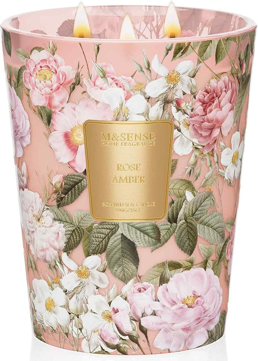 M&SENSE Extra Large Rose Amber Scented Candle, 3-Wick 35oz 150H Natural Soy Wax Aromatherapy Candle, Home Fragrance Housewarming Gifts