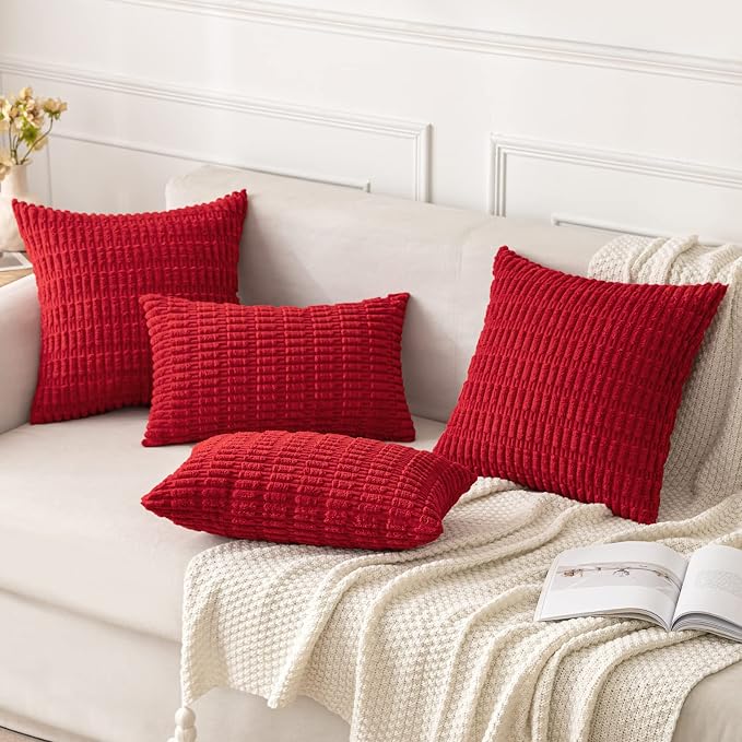 MIULEE Corduroy Decorative Throw Pillow Covers 16x16 Red Pack of 2 | Soft Boho Striped Pillow Covers Modern Farmhouse Home Decor For Sofa Living Room Couch Bed