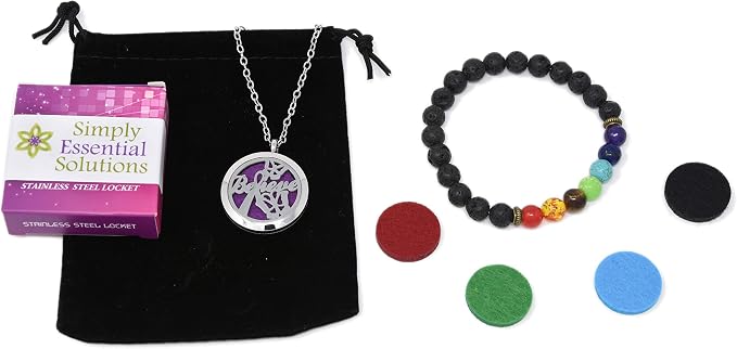 Aromatherapy Essential Oil Diffuser Stainless Steel 30MM Silver Magnetic Locket Pendant 2 Sizes Chain Necklace, Refill Pads & Diffuser Bracelet in a Velvet Bag (Believe)