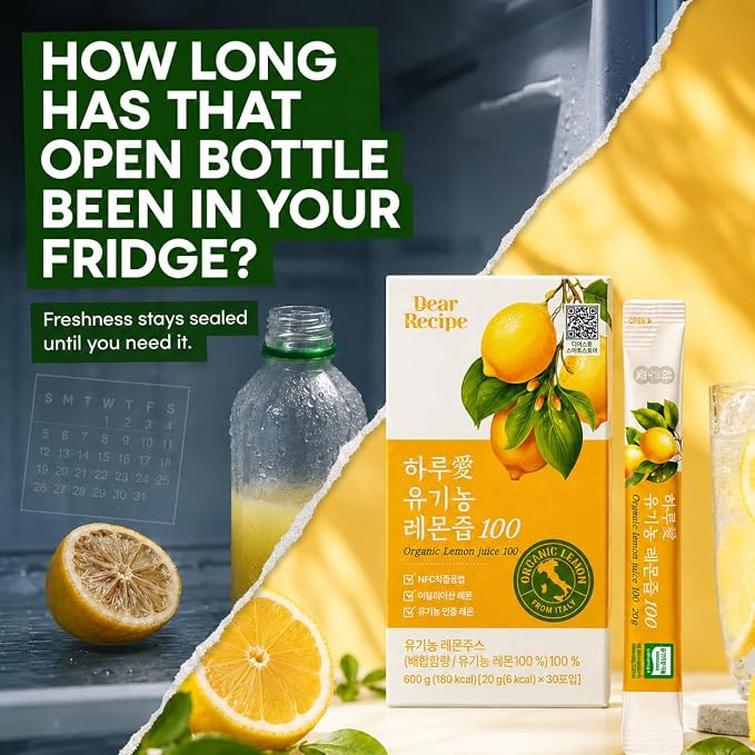 [30 Sticks] Organic 100% Pure NFC Whole Lemon Juice Sticks – 20g Each – Italian Lemon, Cold Pressed, Product of Korea, Non-GMO, No Sugar Added