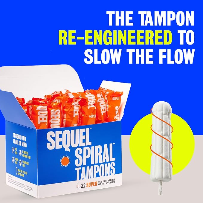 Sequel Spiral Tampons for Women, Super Absorbency, 32 Count, Patented Helical Design, BPA Free Compact Plastic Applicator, Dye Free, Fragrance Free, Unscented