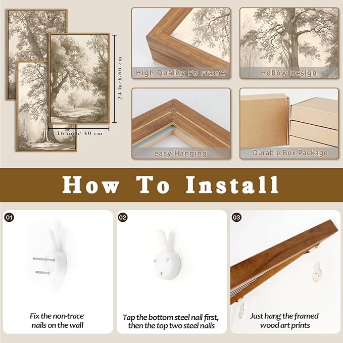 Vintage Tree Canvas Wall Art Framed Rustic Tree Landscape Sketch Antique Painting Neutral Forest Wall Decor 16x24 Inch Farmhouse Botanical Set of 3 for Living Room Bedroom
