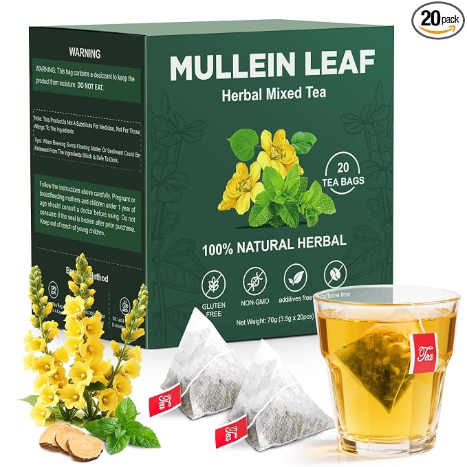 Natural Mullein Tea Bags for Lungs -Mullen Leaf & Herbal Blend Mint Leaves for Respiratory Support & Detox Tea Caffeine-Free 20Bags
