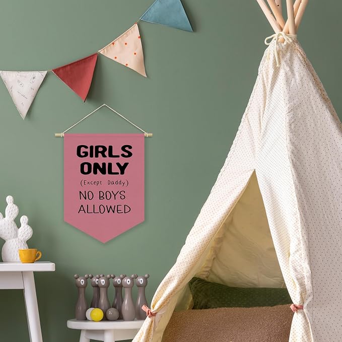 Girls Room Sign Decor Banner,Girls Only No Boys Allowed Door Sign Pennant Flag,Pink Cute Wall Decor for Teen Girls Bedroom Playroom Toddler Little Girl Stuff Wall Hanging Linen Banner 15x11 Inch