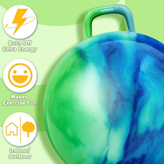 Lewtemi Hopper Ball for Adults, 31Inch Bouncing Ball Hippity with Handle Rubber Hop, Jumping Hopping Exercise with Air Pump for Outdoors Sports Exercise (Blue Green Cloud)