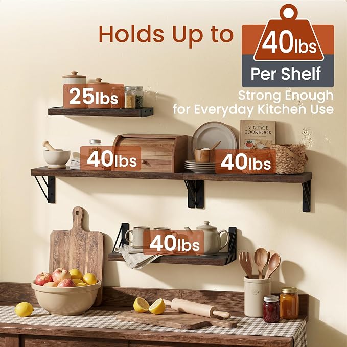BAYKA Wall Shelves for Bathroom Decor, Floating Wall Shelves for Living Room Kitchen Storage, Mounted Rustic Wood Floating Shelves for Kids Books, Corner Shelf for Bedroom(Rustic Brown，Set of 4)