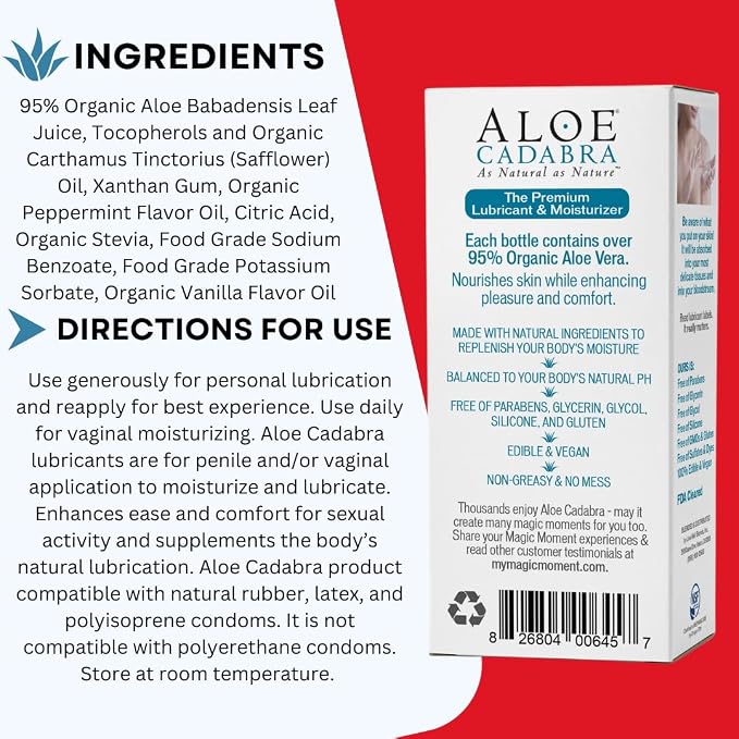 Aloe Cadabra Flavored Personal Lubricant & Vaginal Moisturizer, NSF Certified Organic Edible Aloe Lube for Men, Women & Couples, Non-Staining, pH Balanced, Toy Compatible (Peppermint, 2.5 Ounces)