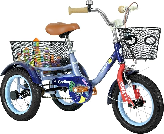 Kids Tricycle with Safety Features, Wide Anti-Skid Tires, Storage Basket, Soft Cushion Seat, Red