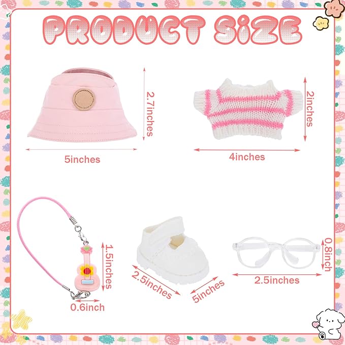 5 Pcs Stylish Set for 17cm Dolls with Fashion Hat, Guitar, Transparent Glasses, Shoes and Sweater Outfit Set, Cute Doll Style Accessories Gift (Sweet, Pink)