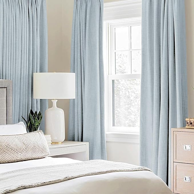 MIULEE Linen Textured Curtains for Bedroom Solid 100% Blackout Thermal Insulated Chambray Blue Grommet Room Darkening Curtains & Drapes Luxury Decor for Living Room 52 x 45 Inch (2 Panels)