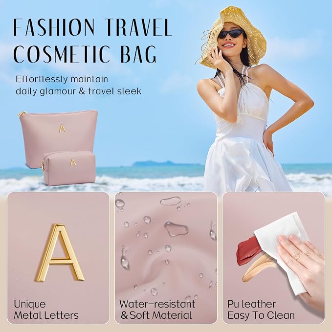 Women Gifts | Initial Makeup Bag for Girl Personalized Gifts for Bridesmaid Friend PU Leather Cosmetic Travel Toiletry Bag(Pink,A)