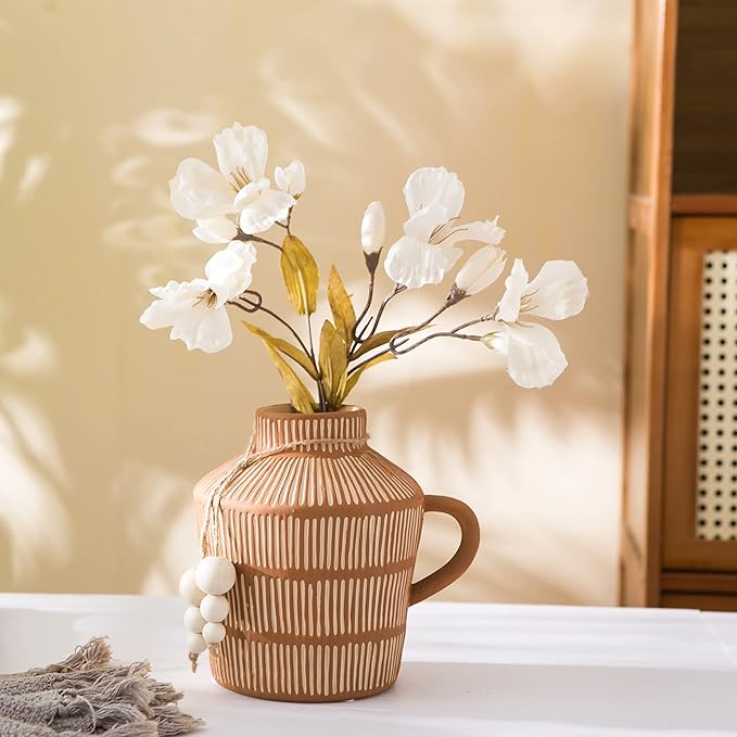 Mowtanco Rustic Farmhouse Vase with Handle and Boho Wooden Beads - Terracotta Vase with Vertical Stripes for Vintage Home Decor