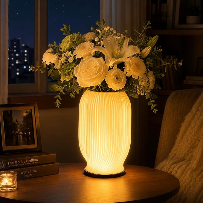 White Vase for Flowers - Small Vase with Lighting 16 Colors for Centerpieces, Modern Vases for Home Decor, Coffee Table, Living Room, Dining Table, Farmhouse, Bedroom (USB Plug in Corded)
