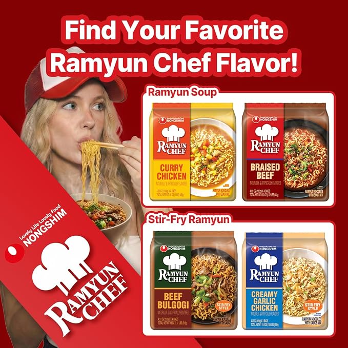 Nongshim Ramyun Chef, Instant Ramyun Noodles with Soup Mix, Braised Beef, 4.02 Oz (Pack of 4)