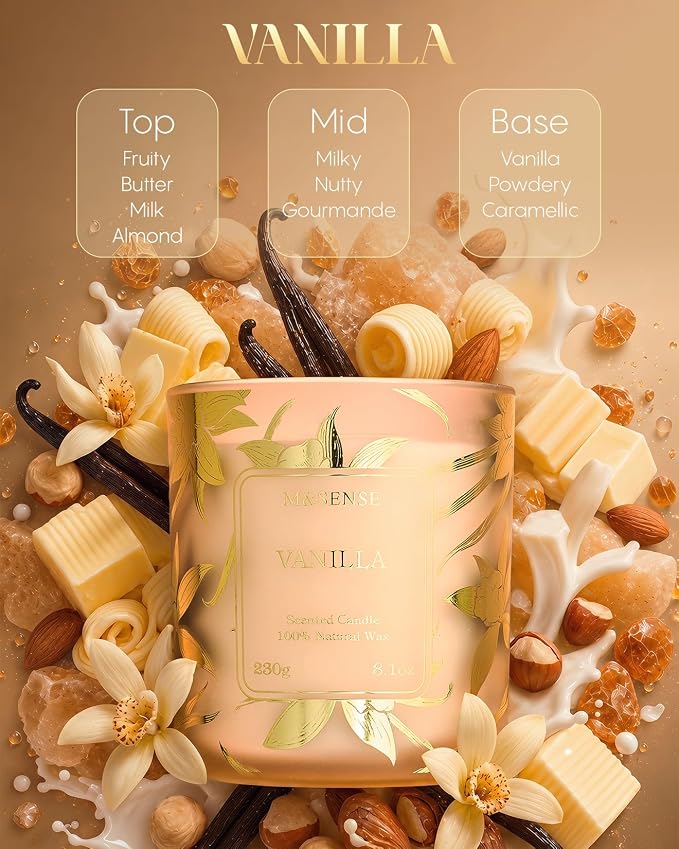 M&SENSE Vanilla Soy Candle, 8.1oz Gilded Glass, Cozy Candles Gift | 42H Long Burn, Warm Relax Home Fragrance, Non-Toxic, Warmer Safe, Reusable Jar, Sensitive-Friendly