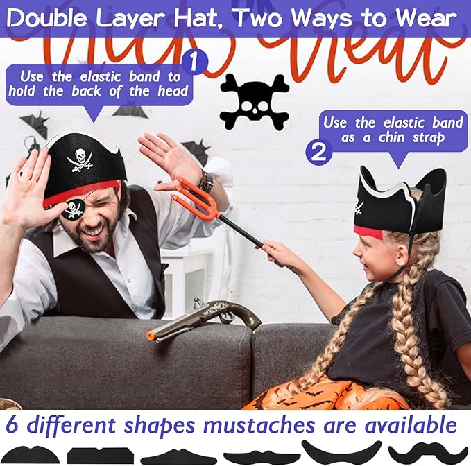 Halatool 36 Set Pirate Accessories Bulk for Kids, Include 36 Felt Pirates Hats with 36 Eye Patches and 36 Mustaches, Pirate Costume Accessories for Halloween, Masquerade, Cosplay, Party Favors Decor