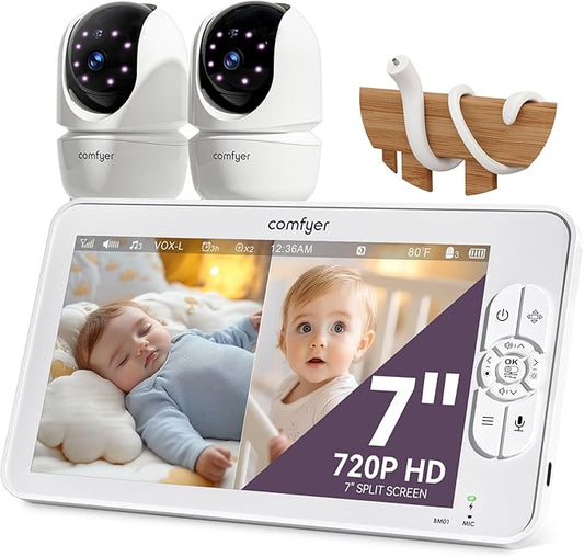 7" HD Split-Screen Baby Monitor with 2 Cameras, Video Baby Monitor with Camera and Audio, Flexible Bracket, Non-WiFi, VOX Mode, 2 Way Audio, Remote PTZ, Auto Night Vision