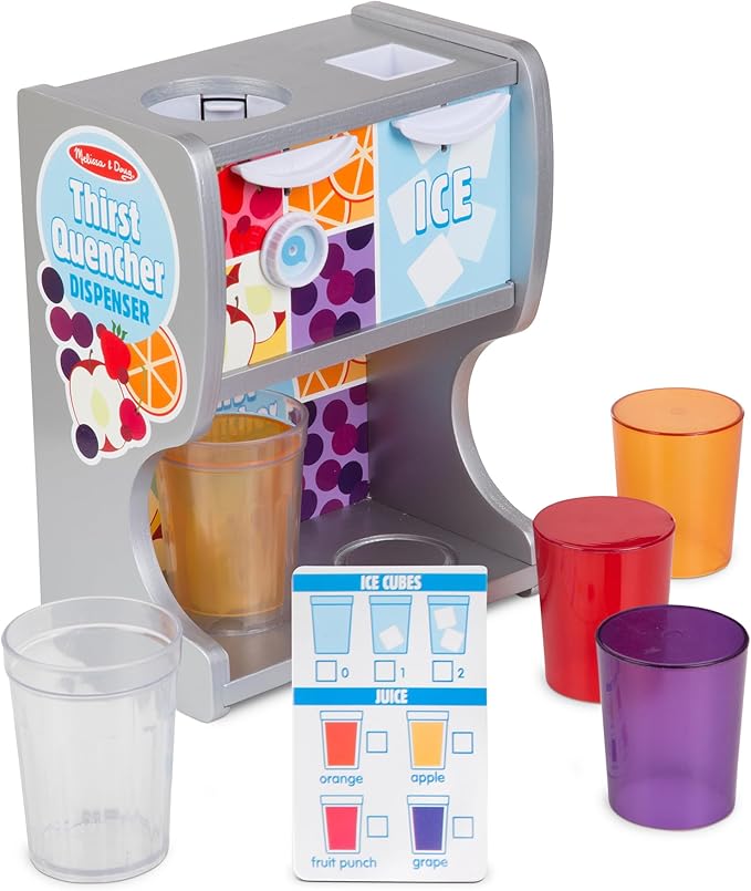 Melissa & Doug Thirst Quencher Wooden Drink Dispenser with Juice Inserts, Ice Cubes & Play Kitchen Accessories, Preschool Learning Toys for Girls & Boys 3+ - FSC Certified