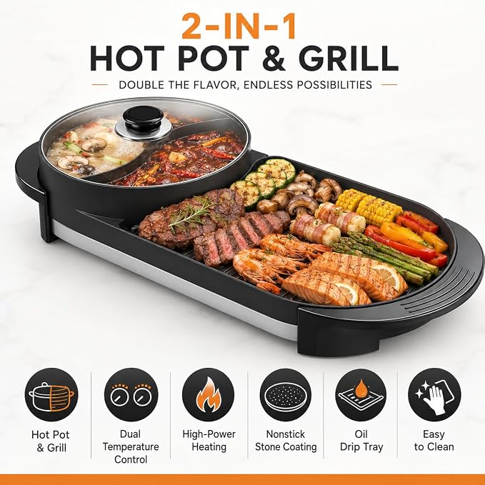 SEAAN Hot Pot with Grill, Korean BBQ Grill Indoor Hotpot Pot Electric Combo, Shabu Shabu Pot with Divider KBBQ Grill Smokeless Non-stick Separate Dual Temperature Control, for 2-12 People, 110V