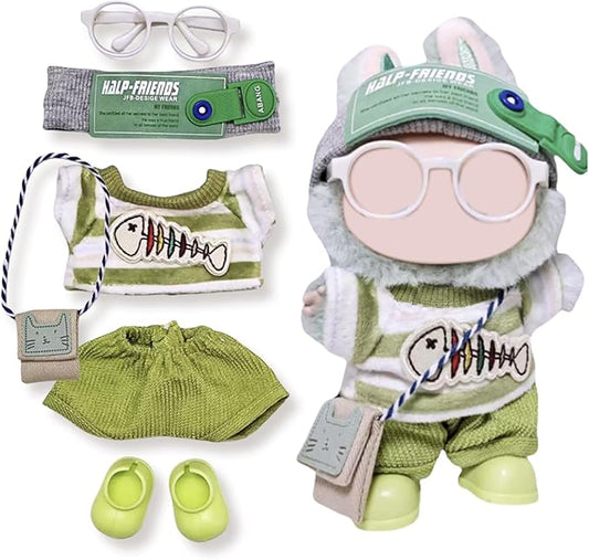 17cm Doll Clothes Set (6-Pcs Outfit), Stylish Clothing for Bunny Doll with Top, Pants, Shoes & Accessories, Just Clothes