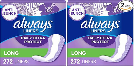 Always Panty Liners for Women Anti-Bunch Xtra Protection Daily Liners, Long, Unscented, 272 Count (Pack of 2)