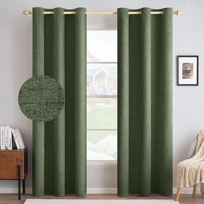 MIULEE 100% Blackout Linen Textured Curtains for Bedroom Solid Thermal Insulated Olive Green Grommet Room Darkening Curtains & Drapes Luxury Decor for Living Room 42 x 84 Inch (2 Panels)