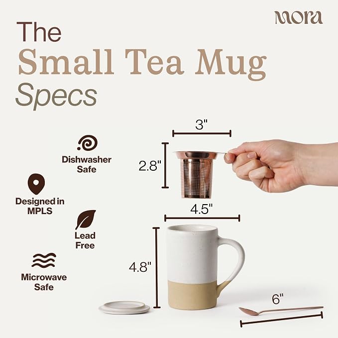 MORA Ceramics Tea Cup with Loose Leaf Infuser, Spoon and Lid, 12 oz, Microwave and Dishwasher Safe Coffee Mug - Rustic Matte Ceramic Glaze, Modern Herbal Tea Strainer - Great Gift for Women, Oat