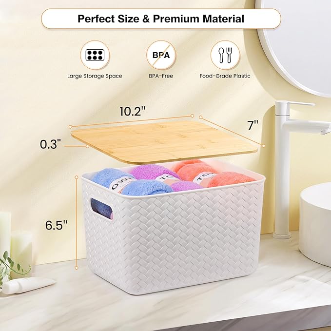 Ohmlove 4 Packs Storage Bins with Bamboo Lids - Plastic Storage Containers with Lids Stackable Storage Box：Storages Baskets for Organizing Desktop Closet Playroom Classroom Office,White