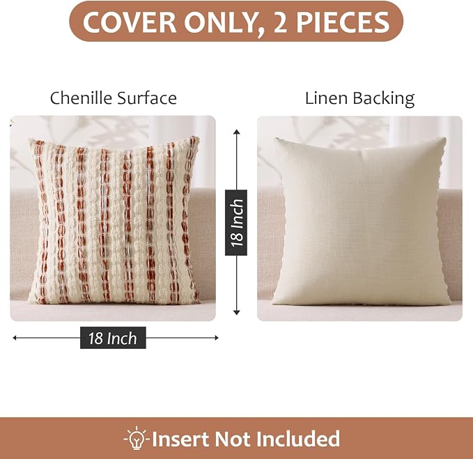 ANRODUO Boho Chenille Decorative Pillow Covers 18x18 Inch Set of 2 Orange | Textured Tufted Stripes Woven Cushion Case, Farmhouse Accent Neutral Pillowcase for Couch Sofa Bed Living, Room Decor