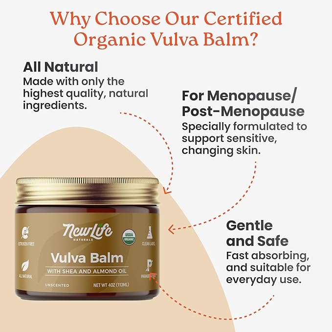 NewLife Naturals SheaCalm Vulva Balm – Certified Organic Vaginal Moisturizer & Vaginal Cream for Dryness – Estrogen-Free Vulva Moisture Support, Made in USA, 2oz