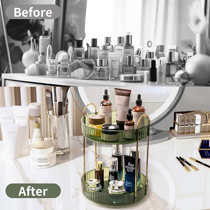 Asayuee 360 Rotating Makeup Organizer for Vanity,2 Tier Large Capacity Skincare Organizers,Bathroom Counter Organizer, Spinning Perfume Organizer & Vanity Organizer (Green-2 Tier)