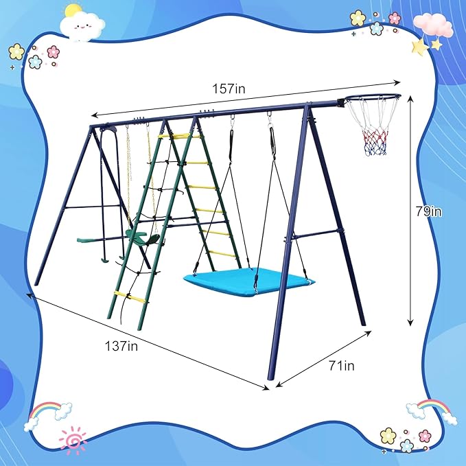 Swing Sets for Backyard, 6 in 1 Outdoor Swing Set, Heavy Duty Metal Swing Stand with Climbing Ladder, Climbing Net, Glider, Hammock Swing, Belt Swing, Basketball Hoop