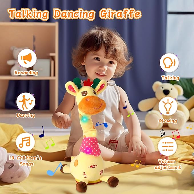 LUKETURE Dancing Talking Giraffe Toy Stuffed Plush, Cute Interactive Talking Giraffe Gift for Girls Boys Kids, Musical Baby Toys Singing 10 Children's Song Repeats What You Say (Dancing Giraffe)